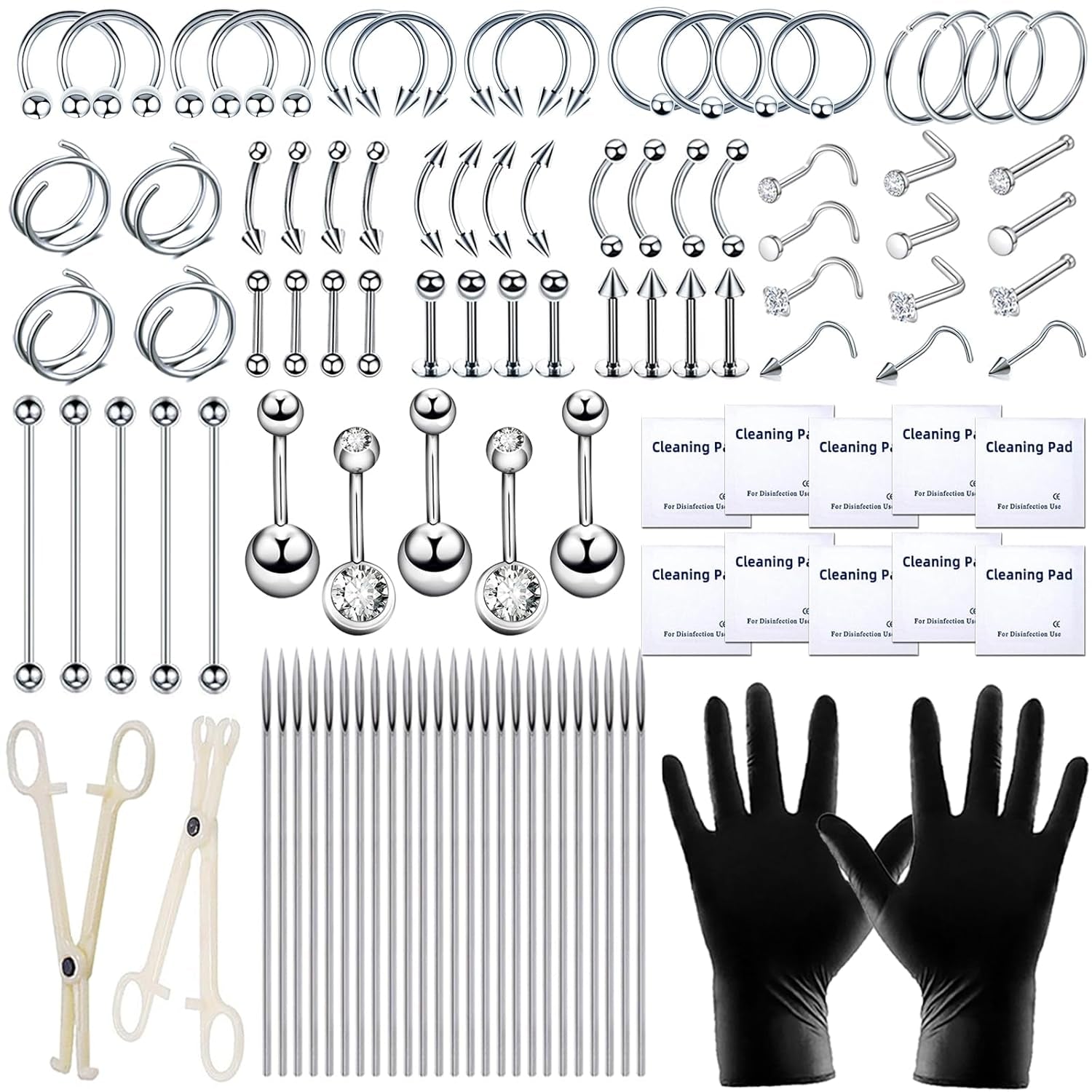 153Pcs Piercing Kit: 12G, 14G, 16G, 20G Needles & 316L Stainless Steel Jewelry for Nose, Belly, Lip, Ear & More
