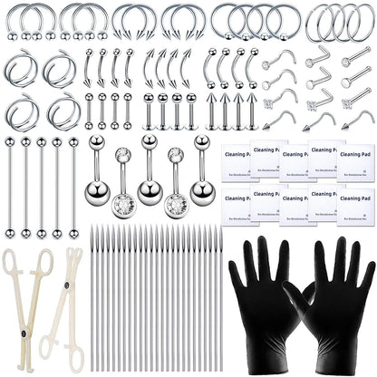153Pcs Piercing Kit: 12G, 14G, 16G, 20G Needles & 316L Stainless Steel Jewelry for Nose, Belly, Lip, Ear & More