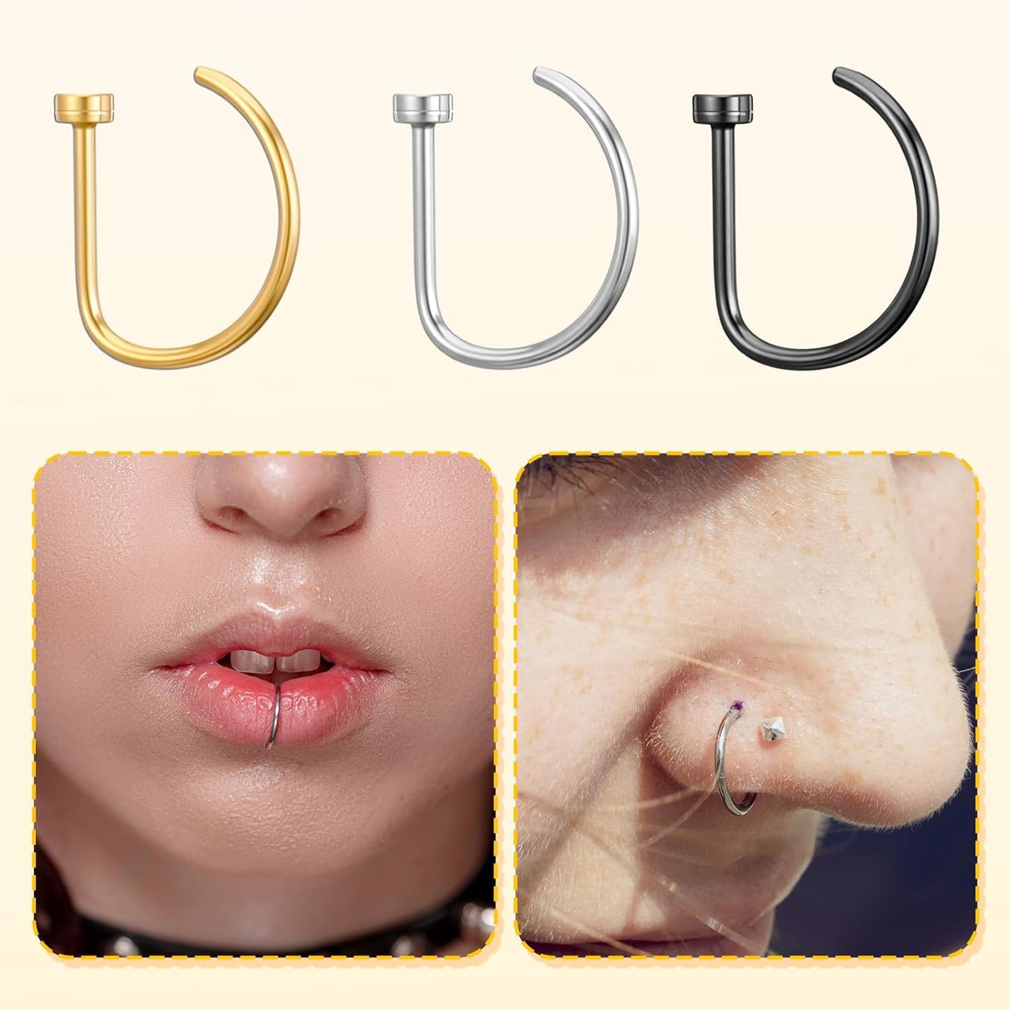 15 PCS Nose Rings Hoop 20G 8Mm, D Shaped Fake Nose Ring Hoops Set Stainless Steel Noses Piercing Jewelry Faux Noserings Nosehoops, Fake Lip Hoop Rings Septum Ring for Women, Silver Gold Black