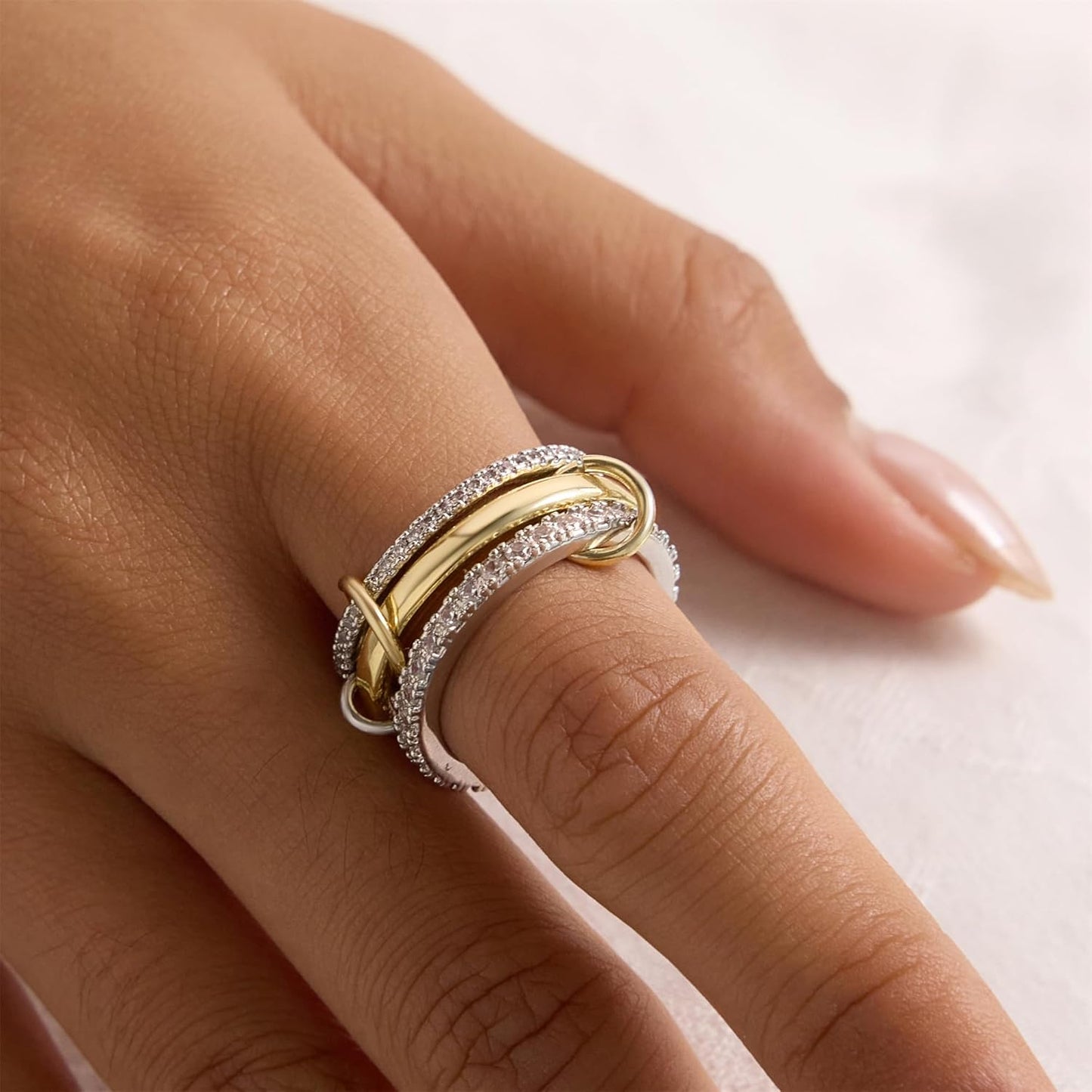 18K Gold Plated Stackable Rings for Women Non Tarnish, 3 Rings Interlocking Ring Stack Set with Cubic Zirconia, Dainty Statement Connected Mixed Metal Ring Band for Women