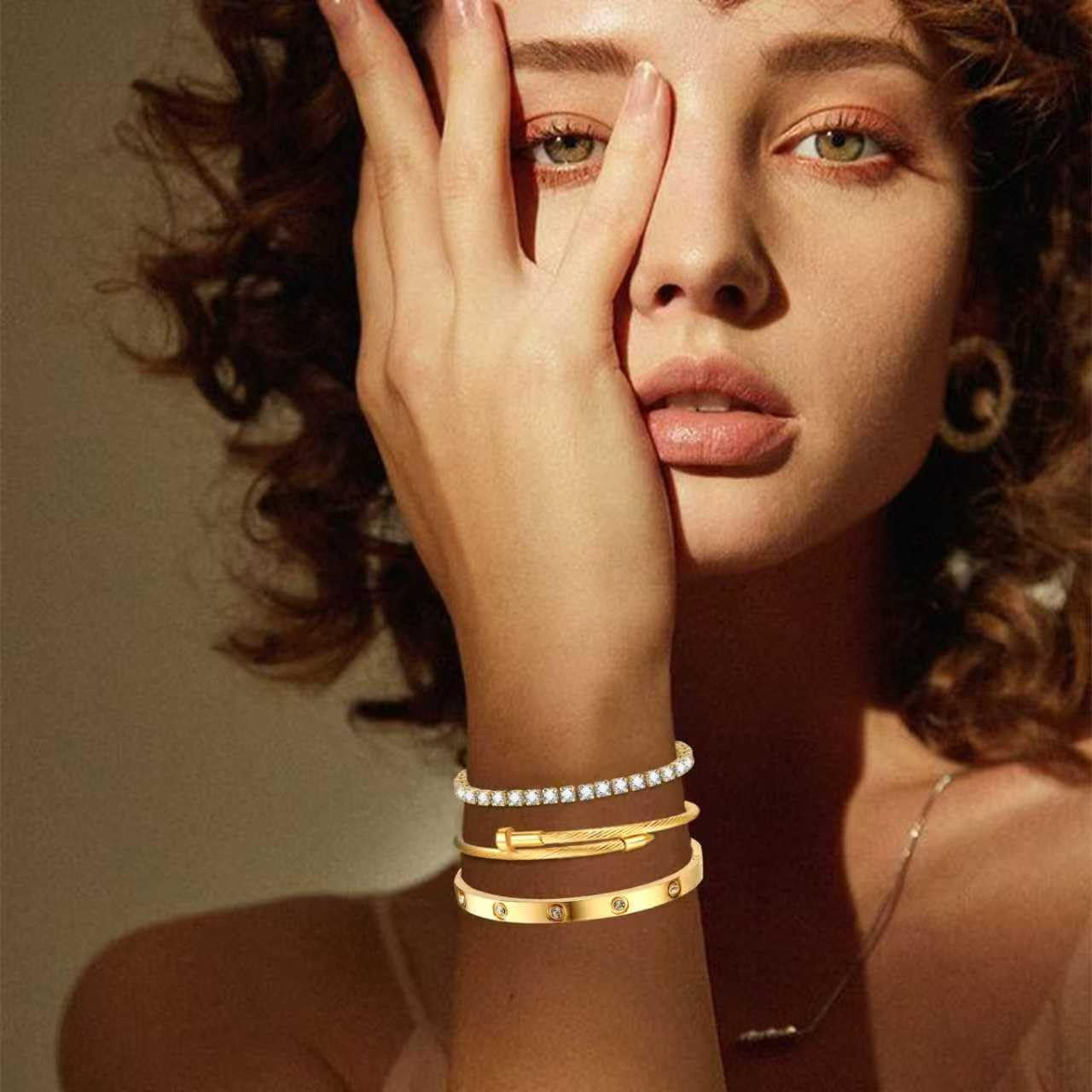 Gold Bracelets for Women-4Pcs/3Pcs,18K Gold Plated Bangle Tennis Bracelets Stack Set for Women Trendy Non Tarnish Stainless Steel Gold Bangles Accessories Designer Jewelry