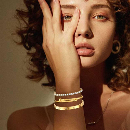Gold Bracelets for Women-4Pcs/3Pcs,18K Gold Plated Bangle Tennis Bracelets Stack Set for Women Trendy Non Tarnish Stainless Steel Gold Bangles Accessories Designer Jewelry