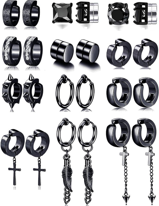 12 Pairs Magnetic Stud Earrings Stainless Steel CZ Hoop Punk Feather Dangle Hinged Non-Piercing Earrings Clip on Magnet Earring Set for Women Men Silver Plated