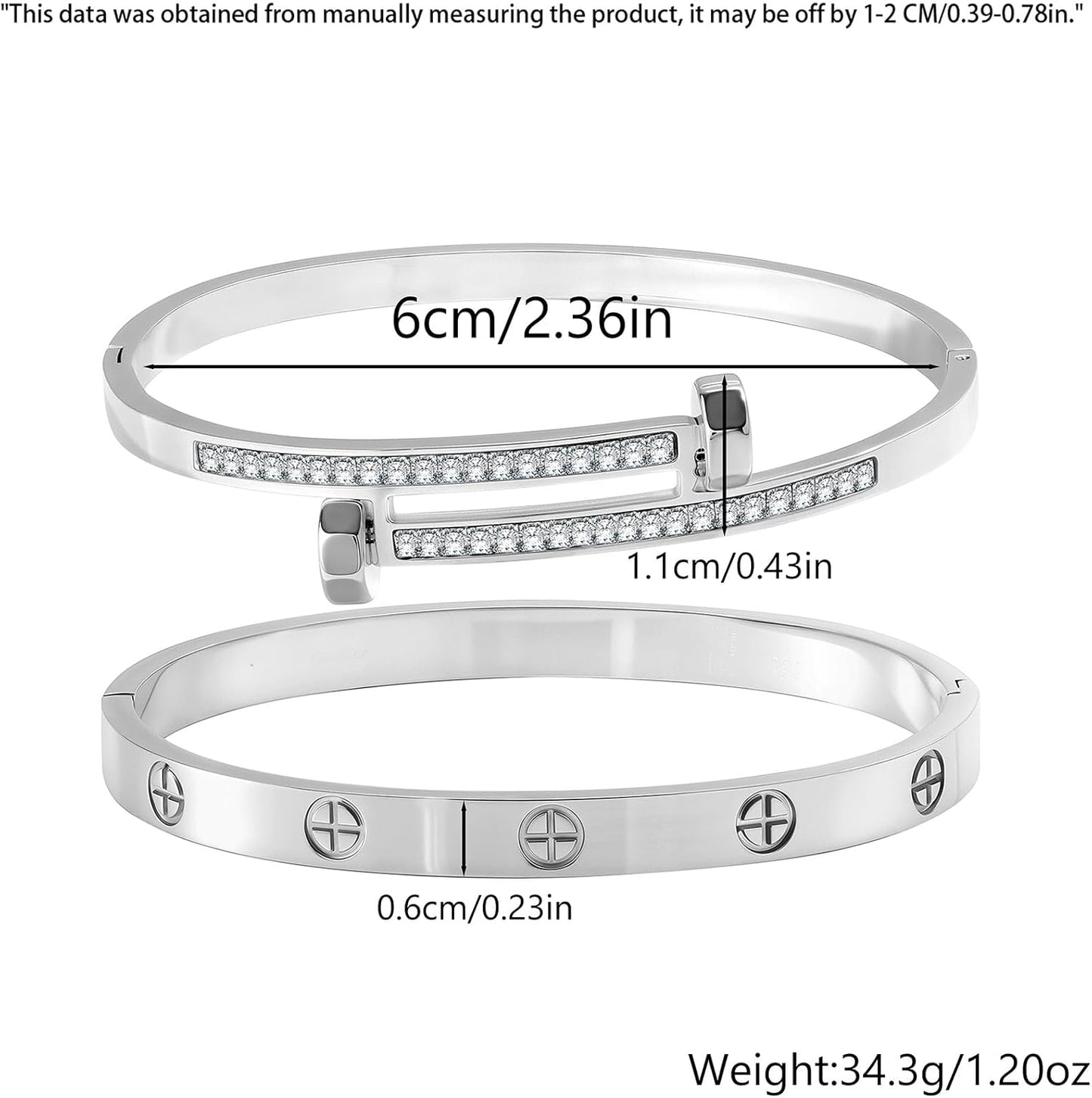 2PCS Gold Bracelets for Women Friendship & Love Theme Crystal Bangle Set Stainless Steel Non Tarnish Jewelry, Ideal Birthday Gift.
