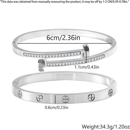 2PCS Gold Bracelets for Women Friendship & Love Theme Crystal Bangle Set Stainless Steel Non Tarnish Jewelry, Ideal Birthday Gift.