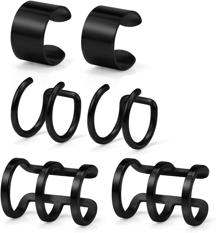 Ruifan Stainless Steel Ear Cuff Non Piercing Fake Clip-On Cartilage Earring Set Women Men 6Pcs