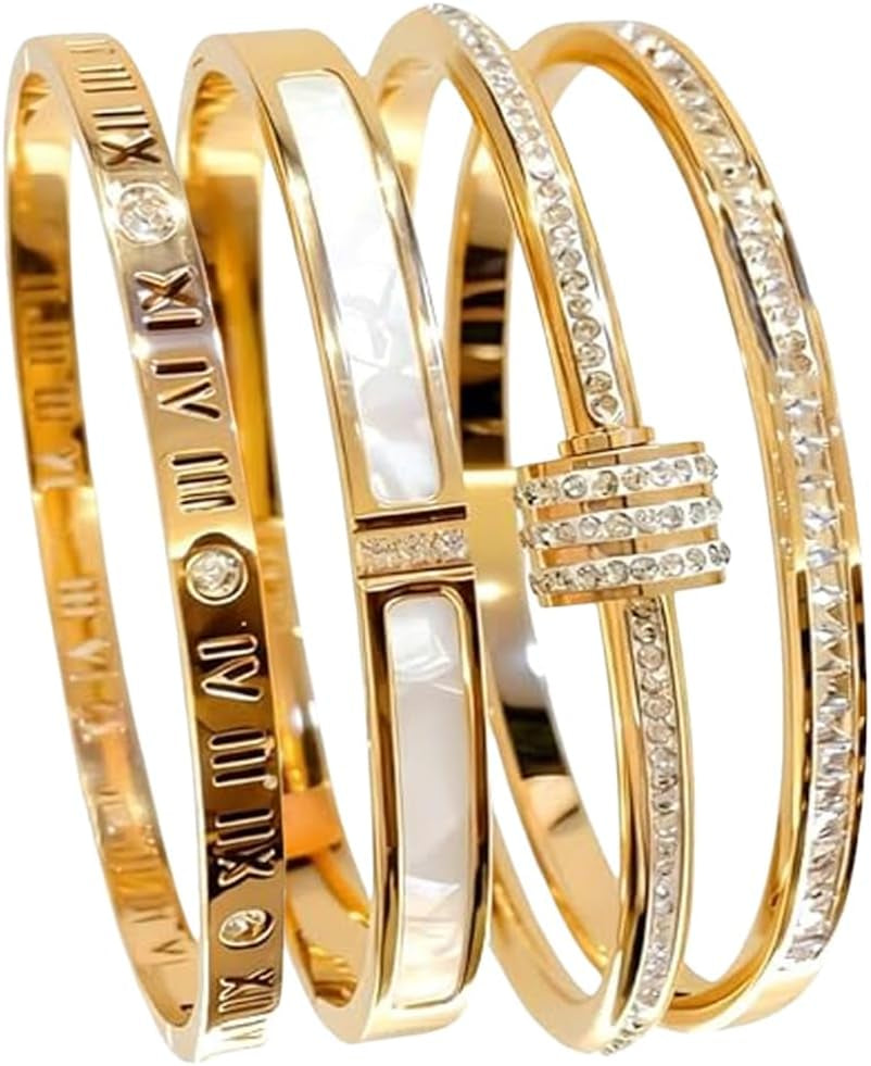 4-Piece Elegant Stainless Steel Bracelet Set Fashionable Classic Design Women Beaded Gold Bead Bracelets Stackable Bangles with Love & Friendship Theme Stainless Steel Jewelry