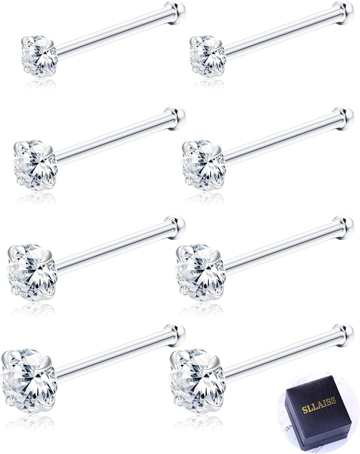 Sllaiss 8 Pcs 20G Nose Ring Studs Made with Austrian Crystal for Women Stainless Steel 1.5Mm 2Mm 2.5Mm 3Mm Nose Piercings Set Body Jewelry Hypoallergenic