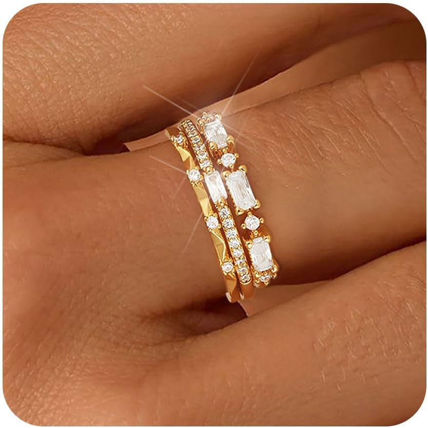 FUNEIA Stackable Silver Gold Rings for Women Non Tarnish 14K Gold Plated Thumb Cubic Zirconia Rings for Women Dainty Pinky Promise Wedding Ring Set Women'S Engagement Eternity Band Rings Gold Jewelry