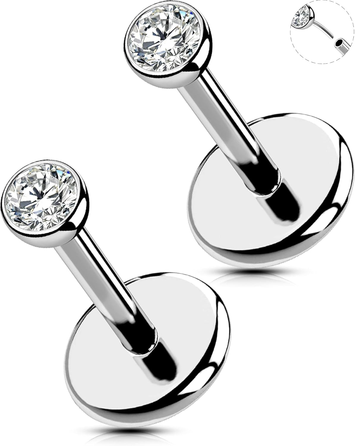 OUFER 2Pcs 20G/18G/16G G23 Titanium Threadless Nose Stud Earrings Flat Back Tiny CZ Small Nose Helix Cartilage Tragus Conch Labret Medusa Monroe Piercing Jewelry for Women Men