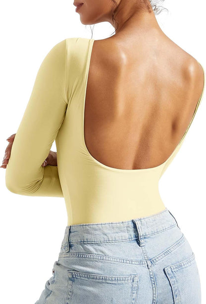 SUUKSESS Women Backless Y2K Long Sleeve Bodysuit Double Lined Open Back Sexy Basic Top
