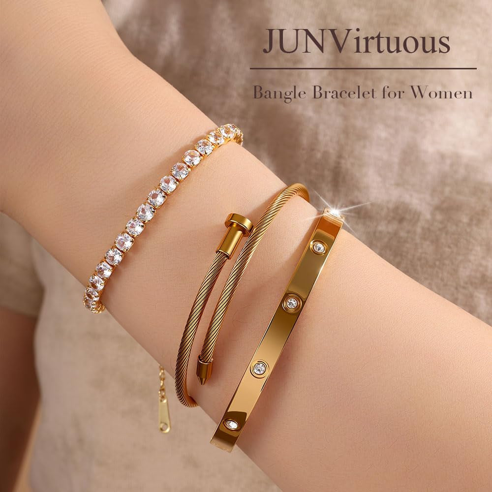 Junvirtuous 3-Pack Gold Bracelets for Women,18K Gold Plated Bangle Tennis Bracelets Stack Set for Women Trendy Non Tarnish Stainless Steel Gold Bangles Accessories Designer Jewelry Pulseras Para Mujer