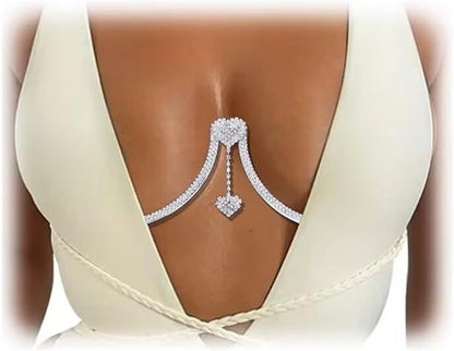 Rhinestone Chest Bracket Chain Trendy Crystal Heart Pendant Bra Chain Sexy Bikini Body Chain Jewelry for Women