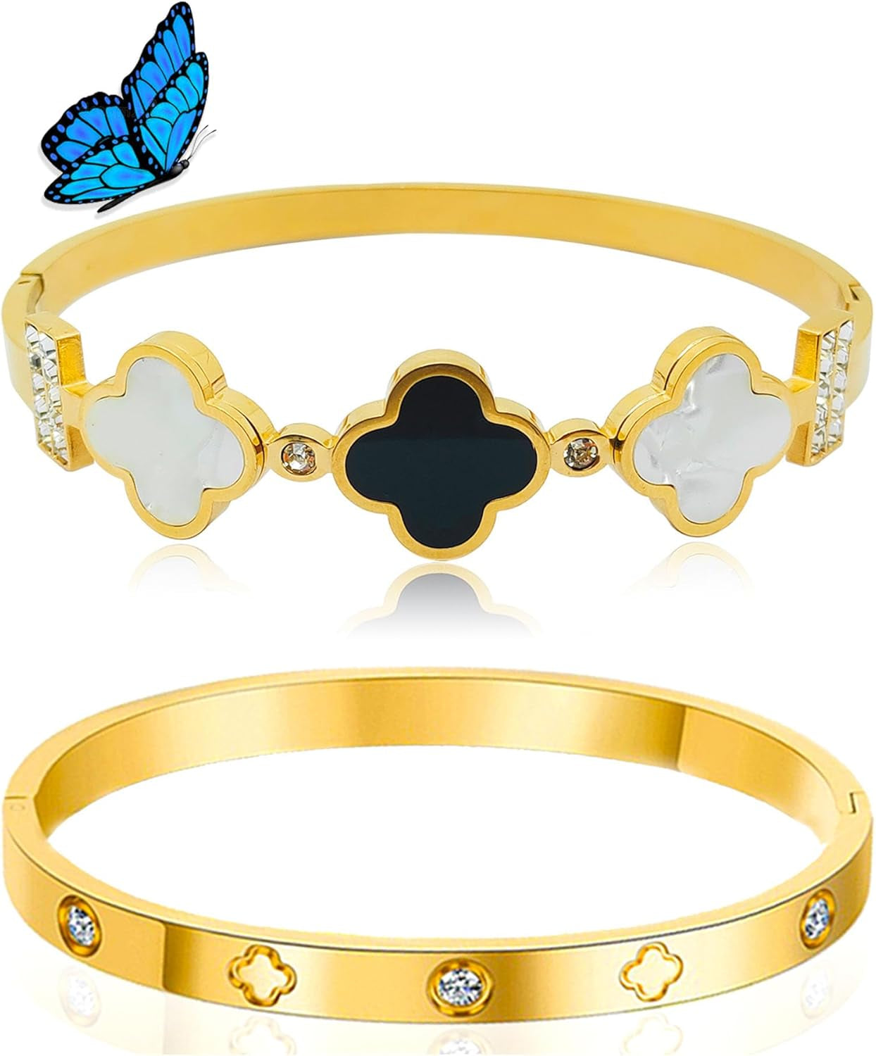 Clover Bracelet for Women, Stainless Steel Four Leaf Clover Bracelet, 18K Gold Plated Stackable Bracelet Jewelry, Lucky Love Cuff Bangle, Birthday Gift for Women