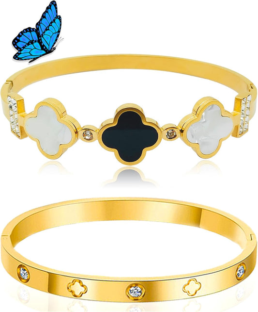 Clover Bracelet for Women, Stainless Steel Four Leaf Clover Bracelet, 18K Gold Plated Stackable Bracelet Jewelry, Lucky Love Cuff Bangle, Birthday Gift for Women