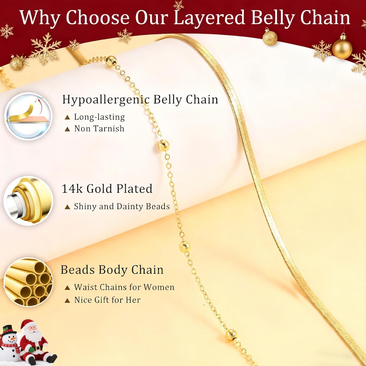 CHESKY 14K Gold Plated Silver Plated Waist Chain for Women, Layered Belly Belt Chains Beach Waist Beads Chain Waterproof Snake Cuban Body Chain Summer Jewelry Accessories for Women