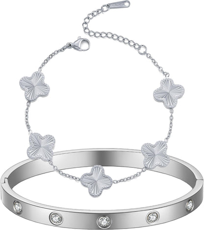 18K Gold Plated Clover Bracelet Love Bangle Set for Women Stackable Cute Fashion Simple Friendship Bracelets Lucky Bracelet Jewelry Trendy Gifts for Women