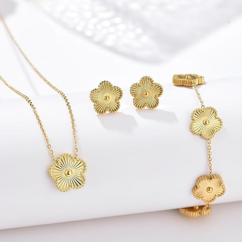 Lucky Clover Sets, 18K Gold Plated Five Leaf Necklace Pendant, Bracelet, Earrings for Women Flower Link Bracelets Set Jewelry Gifts for Women