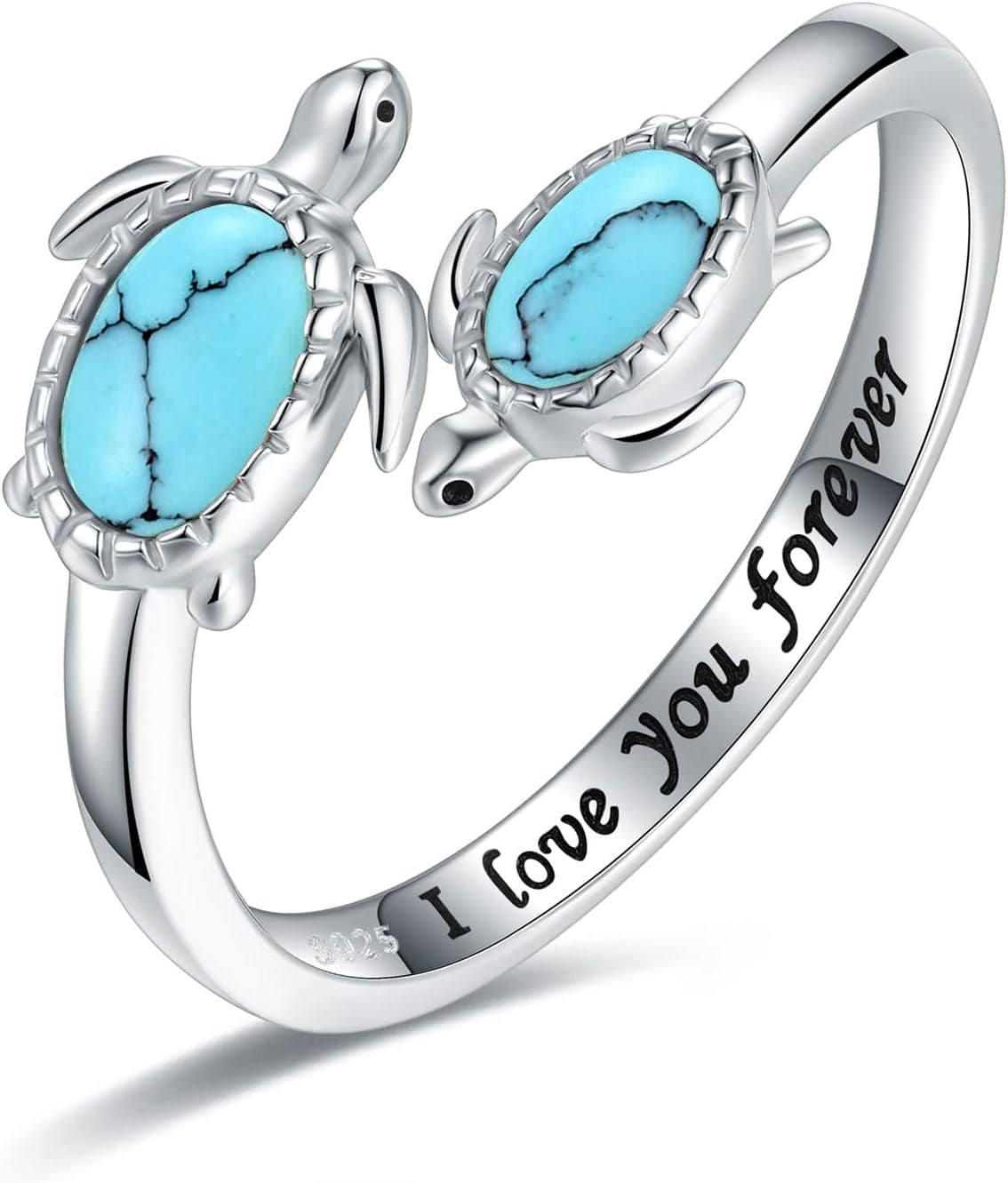 925-Sterling-Silver Opal/Turquoise Sea Turtle/Dolphin/Sea Life Ring - Inspirational I Love You Forever Adjustable Open Nature Ocean Mother Daughter Ring Cute Animal Jewelry Gifts for Women