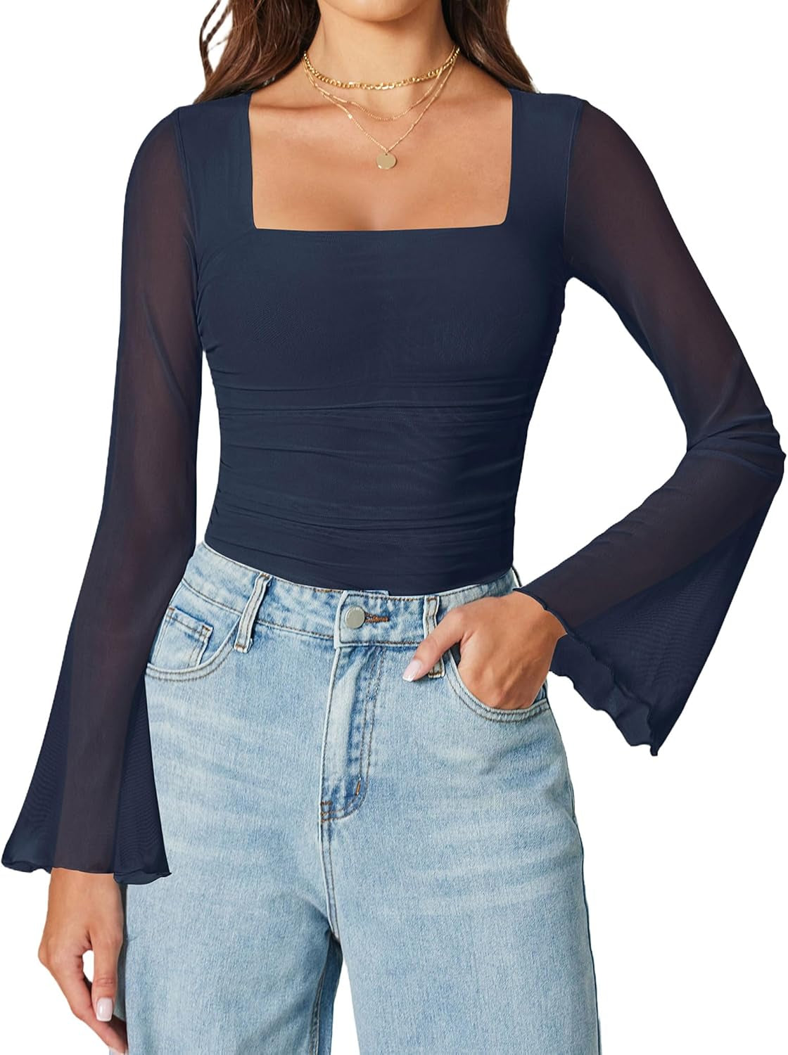 Avidlove Bodysuits for Women Long Bell Sleeve Mesh Square Neck Body Suits Going Out Tops Country Concert Outfits
