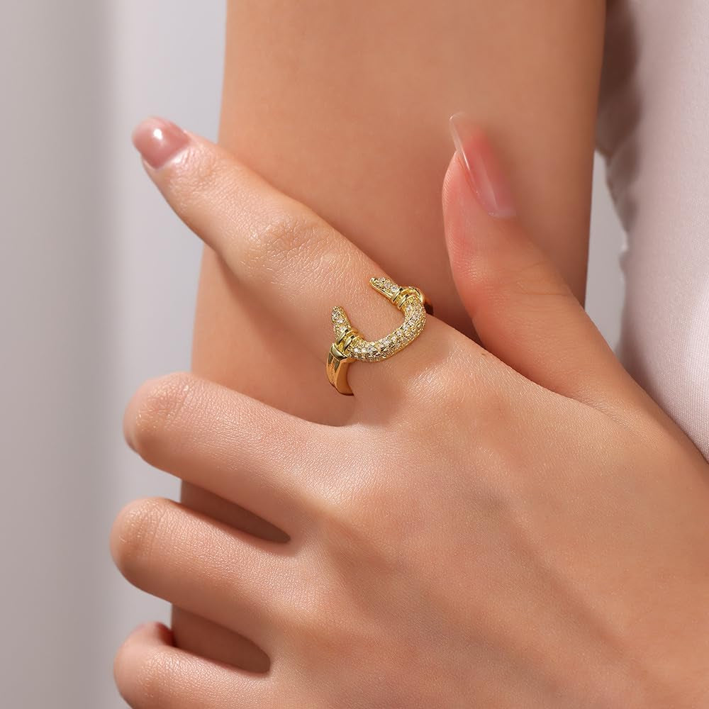 Dtja Dainty CZ Horseshoe Adjustable Ring for Women 14K Gold Plated Stainless Steel Crystal Love U Statement Open Band Finger Rings Comfort Fit Fashion Cute Birthday Anniversary Jewelry Gift