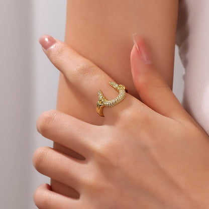 Dtja Dainty CZ Horseshoe Adjustable Ring for Women 14K Gold Plated Stainless Steel Crystal Love U Statement Open Band Finger Rings Comfort Fit Fashion Cute Birthday Anniversary Jewelry Gift