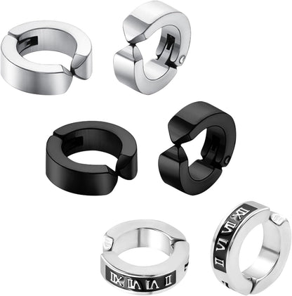 3 Pairs Clip on Earrings for Men, Non Pierced Earrings for Women and Men, Titanium Steel Fake Earrings, Cool Earrings Set for Gifts