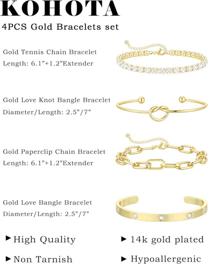 KOHOTA Chunky Gold Bracelets for Women Non Tarnish 14K Gold Plated Cuff Bracelet Stack Trendy Love Bangle Bracelets Stackable Tennis Bracelet Set Tie Knot Cuban Paperclip Figaro Chain Jewelry Gifts