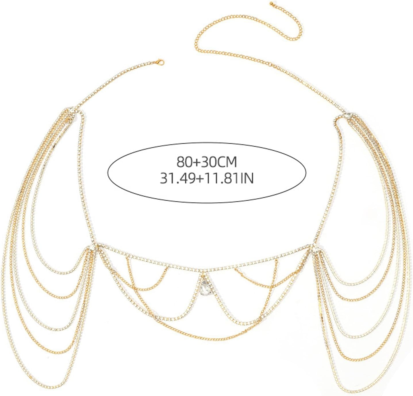 Multilayer Waterdrop Pendant Rhinestone Shoulder Chain Jewelry Bridal Wedding Backdrop Chain Crystal Tassel Shoulder Chain Necklace Rave Shoulder Arm Body Chain Jewelry for Women (Gold)