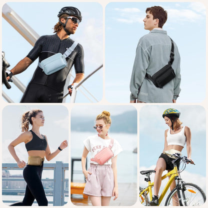 Woman using fanny pack while hiking and exercising