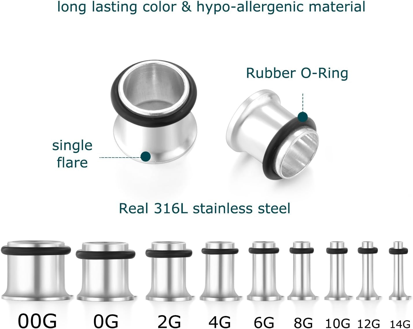 Vcmart 14G-00G 36 Pcs Ear Gauges Stretching Kit Tapers Plugs Eyelets Implant Grade Steel