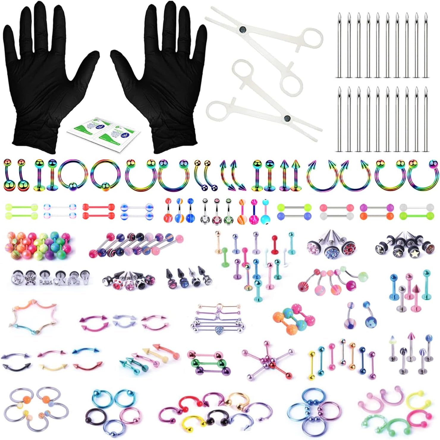 Bodyj4You 156PC Body Piercing Kit - 14G 16G 18G 20G - Belly Ring Nose Septum Tragus Ear Cartilage Industrial - Horseshoe Ring Hoop Barbell Stud Spike - Random Mix Jewelry