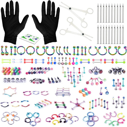 Bodyj4You 156PC Body Piercing Kit - 14G 16G 18G 20G - Belly Ring Nose Septum Tragus Ear Cartilage Industrial - Horseshoe Ring Hoop Barbell Stud Spike - Random Mix Jewelry