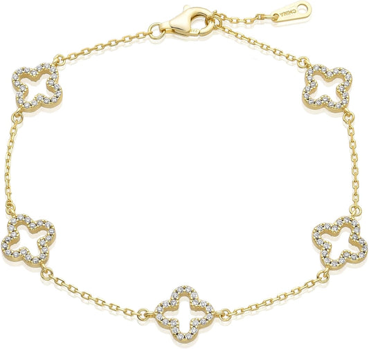 14K Gold-Plated Four-Leaf Clover Tennis Bracelet, Lucky Four-Leaf Connection Bracelet, a Fashionable Jewelry Suitable for Women'S Daily Wear, Dates and Special Occasions