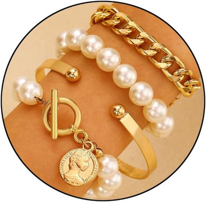 Chunky Gold Bracelets for Women Boho Stackable Bangle Cuff Bracelet Set Layered Link Chain Bracelet Adjustable Butterfly Pearl CZ Tennis Statement Bracelets Dainty Jewelry