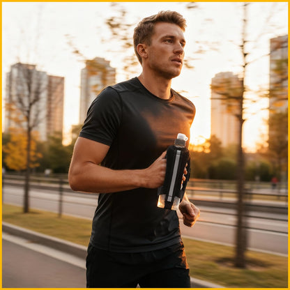 Adjustable hand strap on 12oz water bottle for comfortable grip