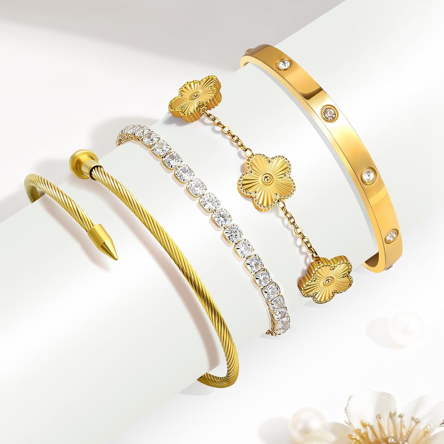 Gold Bracelets for Women, 18K Gold Plated Tennis Nail Clover Love Bangle Bracelets Set Non Tarnish, Stainless Steel Trendy Stackable Bracelet Fashion Jewelry Accessories Gifts for Christmas