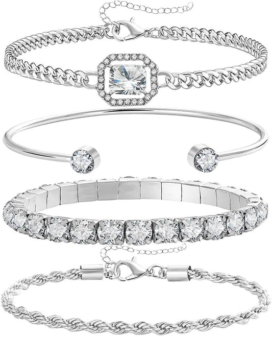 4PCS Gold Silver Bracelets Set for Women Dainty Cubic Zirconia Paperclip Stake Layering Chain Adjustable Trendy Hand Jewelry