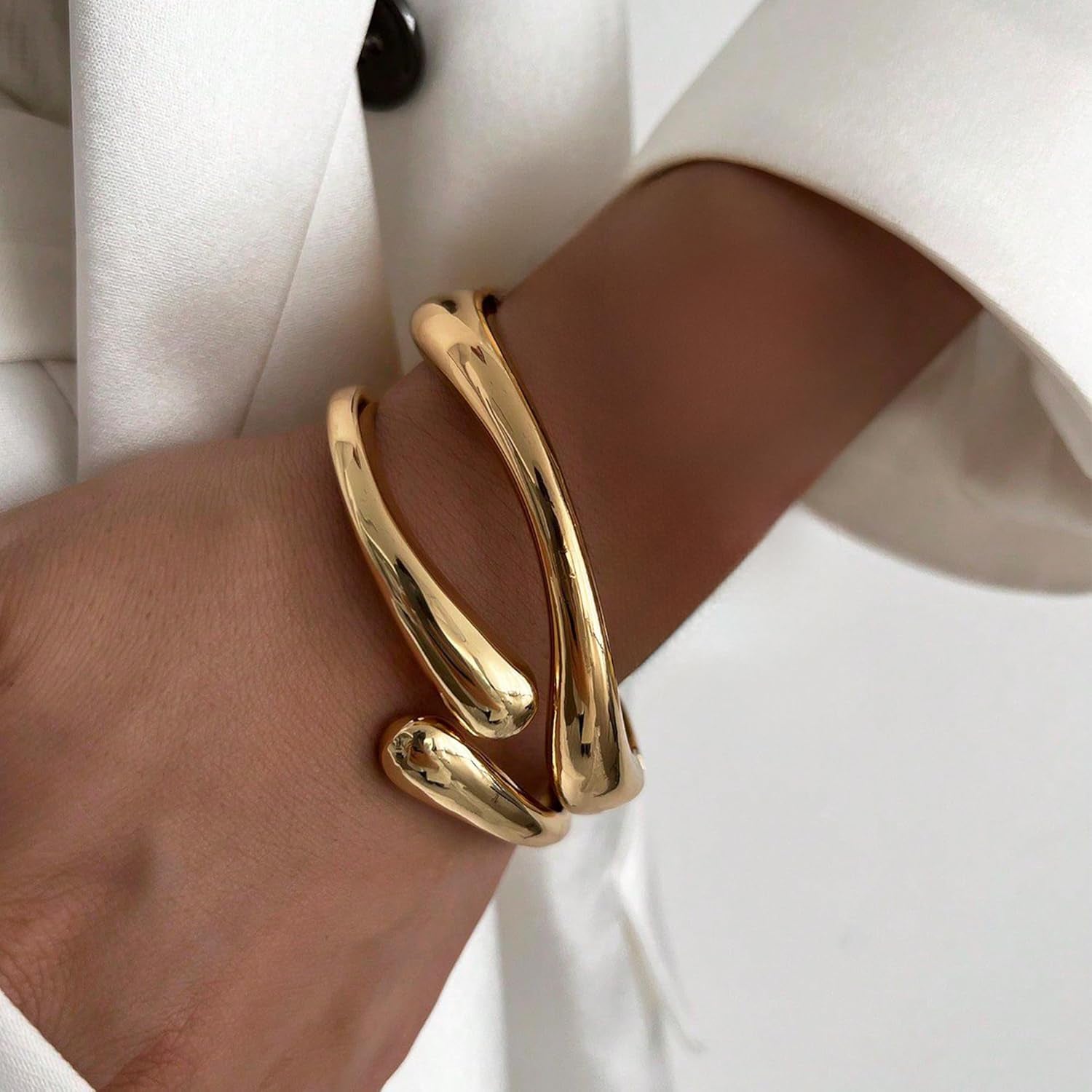 Gold Chunky Bracelet for Women, 14K Gold Plated Gold Bangle Bracelet Silver Chunky Bangles Bead Bracelets Gold Sack Gold Arm Cuff Pearl Jewelry Set Arm Cuff Jewelry