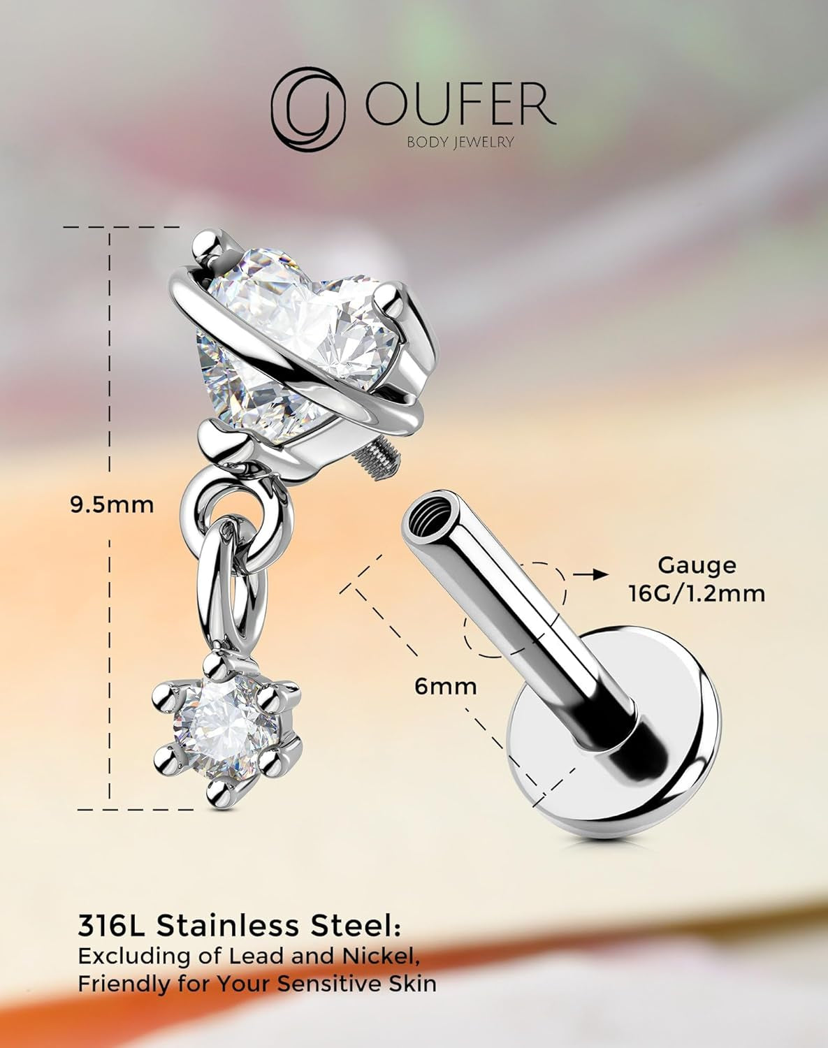 OUFER Heart Planet Helix Piercing Jewelry, 16G Internally Threaded Flat Back Piercings Silver Helix Cartilage Tragus Conch Piercing Jewelry for Women Men-6Mm