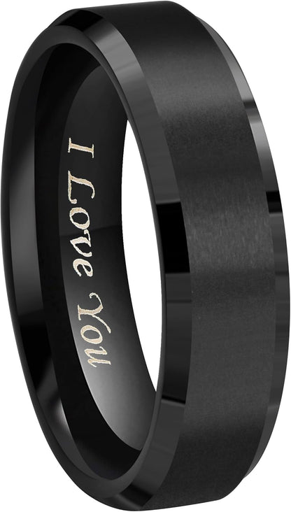 Crownal 4Mm 6Mm 8Mm Black/Silver/Gunmetal/Gold Tungsten Wedding Couple Bands Rings Men Women Matte Brushed Finish Center Engraved "I Love You" Size 4 to 17