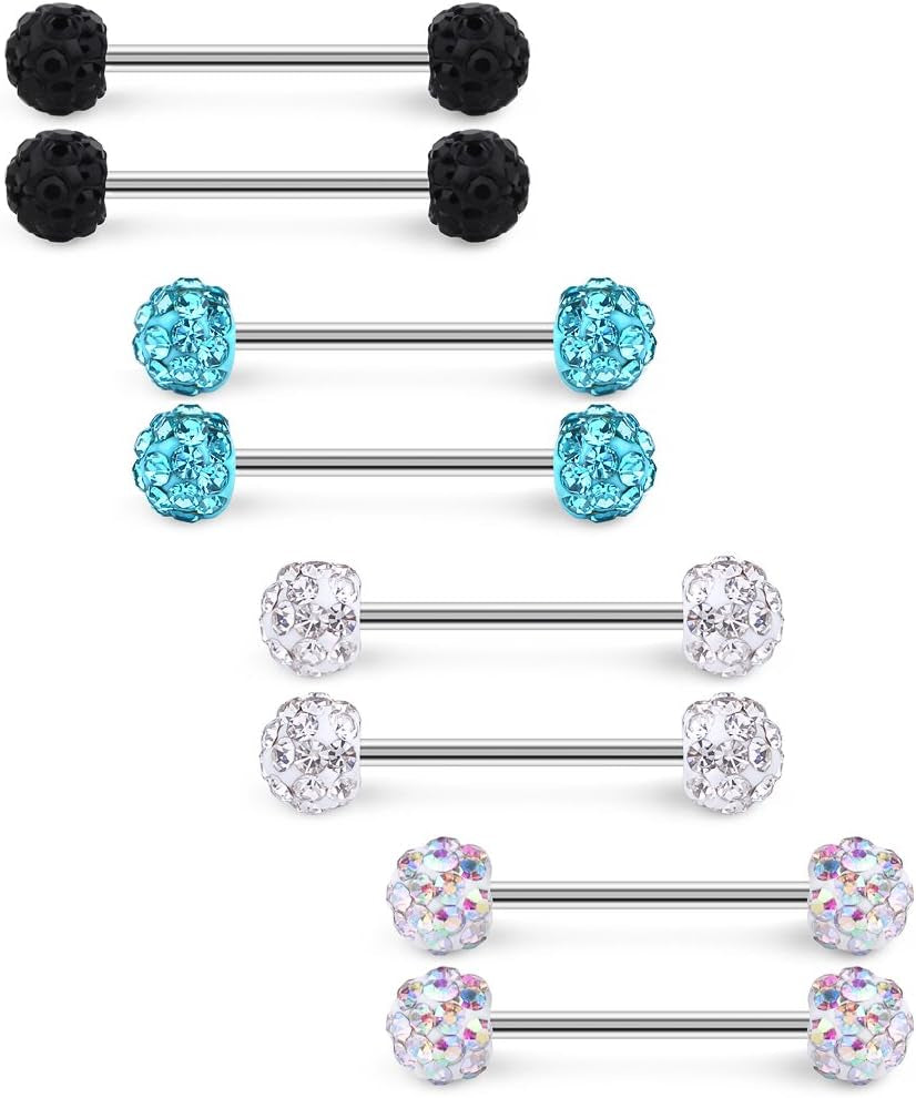 Ruifan 16G 9/16Inch Crystal Ball Nipple Tongue Tongue Shield Rings Stainless Steel Straight Barbell Body Piercing Jewelry Retainer