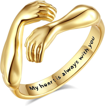 EUDORA Heart Hug Rings for Women Men S925 Sterling Silver, 18K Gold-Plated Adjustable Hugging Hands Open Ring Pinky Promise Couples Bands Rings Promise Ring Jewelry Gifts for Women Men