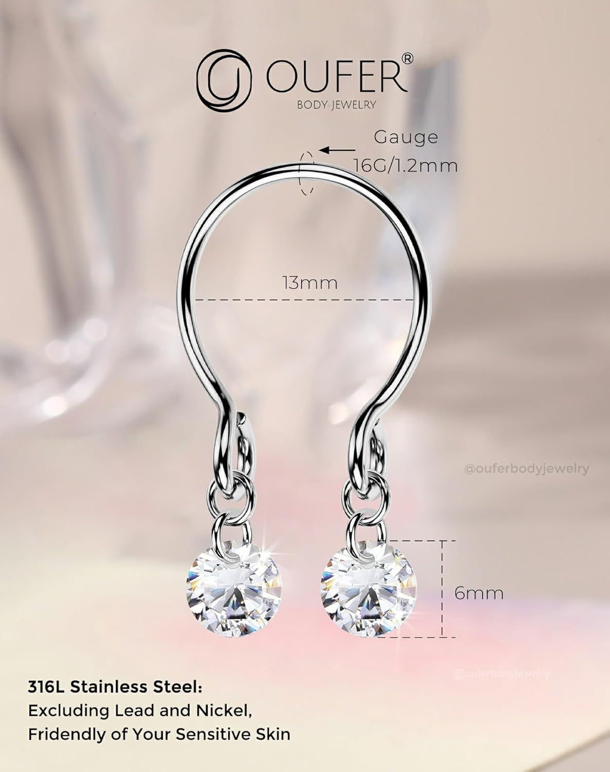 OUFER 2PCS Non Piercing Nipple Rings with Dangling Charms, Adjustable Stainless Steel Fake Nipple Jewelry for Women Men, Comfortable & Stylish Faux Piercing