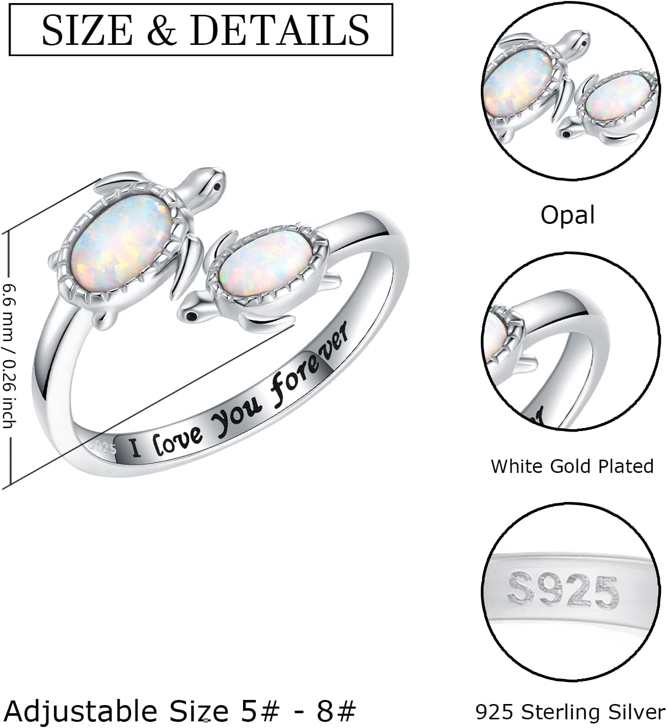 925-Sterling-Silver Opal/Turquoise Sea Turtle/Dolphin/Sea Life Ring - Inspirational I Love You Forever Adjustable Open Nature Ocean Mother Daughter Ring Cute Animal Jewelry Gifts for Women