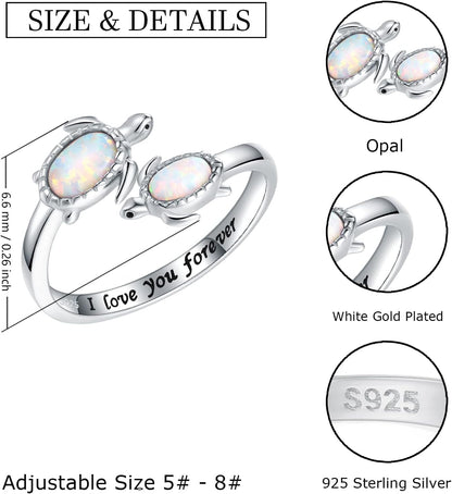 925-Sterling-Silver Opal/Turquoise Sea Turtle/Dolphin/Sea Life Ring - Inspirational I Love You Forever Adjustable Open Nature Ocean Mother Daughter Ring Cute Animal Jewelry Gifts for Women