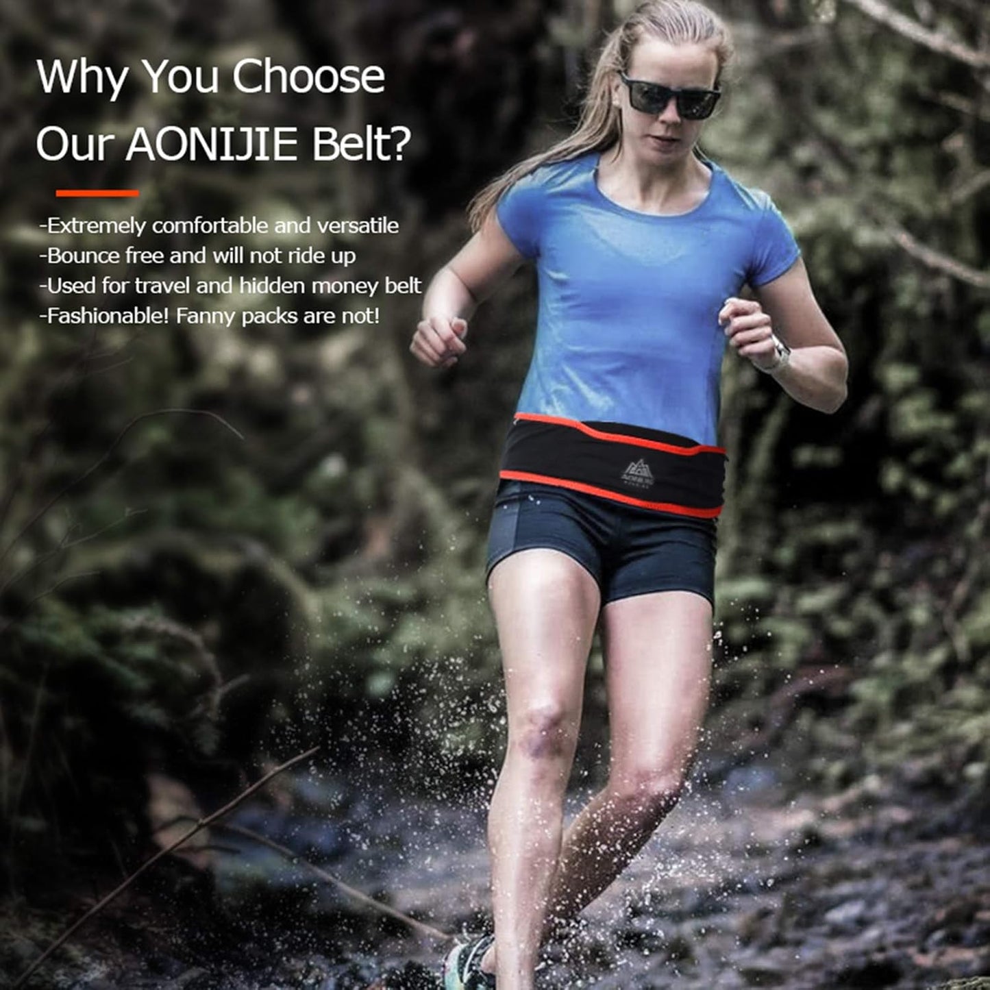 AONIJIE hydration belt in black color with reflective design detail