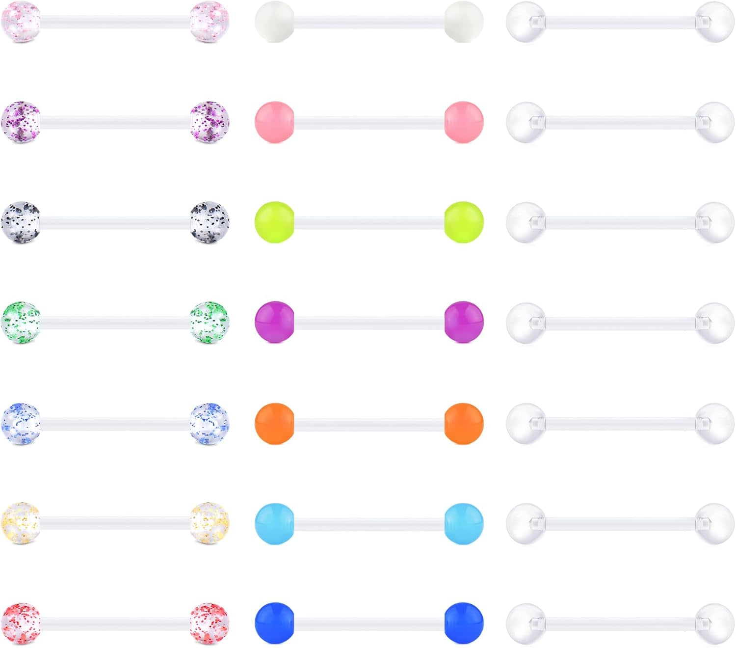 VCMART 14G Plastic Tongue Rings Plastic Nipple Rings for Surgery Clear Tongue Ring Nipple Piercings Glow in Dark Flexible Acrylic Straight Barbell Piercing Retainer for Work Sports 12/14/16/18MM
