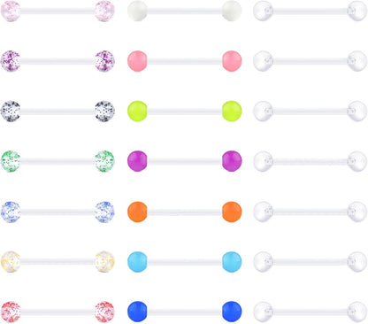 VCMART 14G Plastic Tongue Rings Plastic Nipple Rings for Surgery Clear Tongue Ring Nipple Piercings Glow in Dark Flexible Acrylic Straight Barbell Piercing Retainer for Work Sports 12/14/16/18MM
