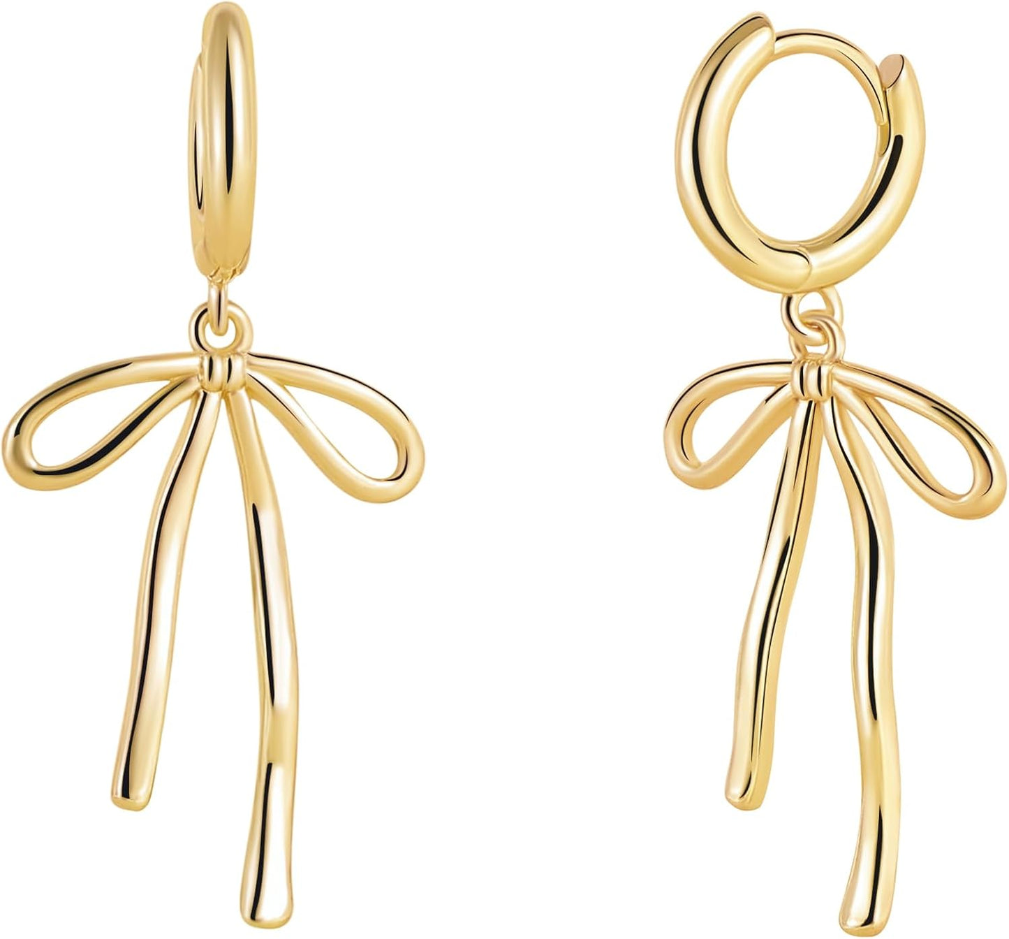 Gold Cherry Bow Heart Drop Dangle Earrings, Huggie Hoop Style, Hypoallergenic Non Tarnish Delicate Ribbon Butterfly Design Dainty Shiny Sensitive Ear for Women Gifts